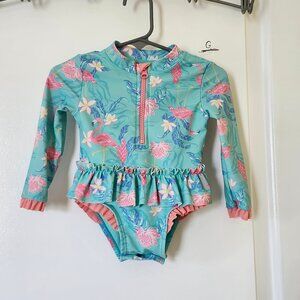 Tommy Bahama swimsuit 12 month girl blue floral flamingo onepiece long sleeve